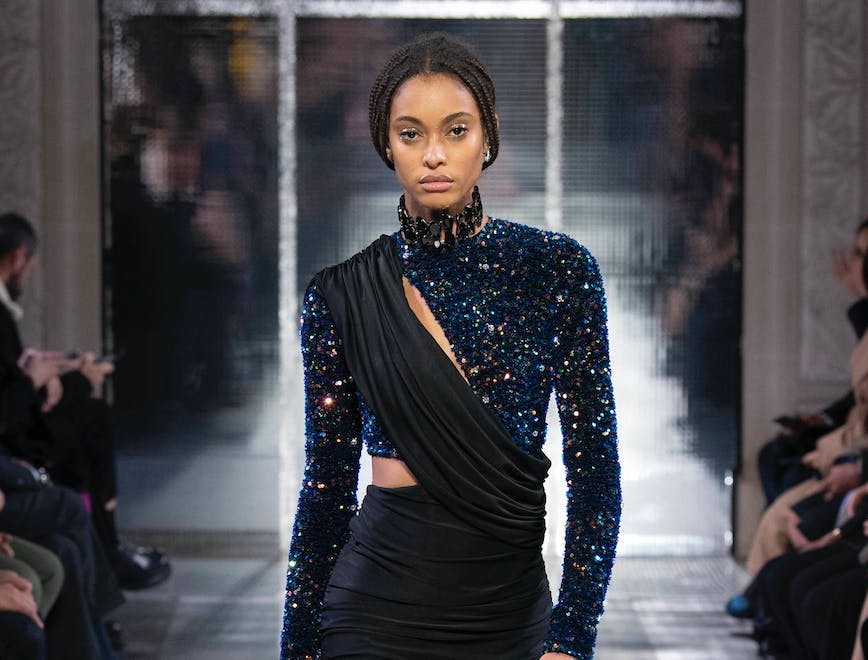 pixelformula haute couture 2020 fashion show catwalk runway fashion paris azzaro couture sleeve clothing apparel long sleeve evening dress gown robe person