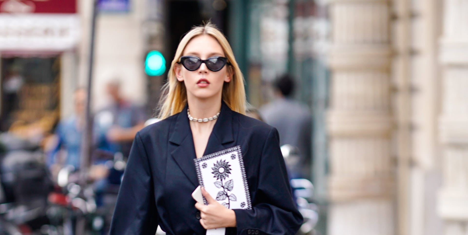 arts culture and entertainment,celebrities,fashion,street style, paris blonde person female woman clothing sunglasses accessories blazer jacket coat