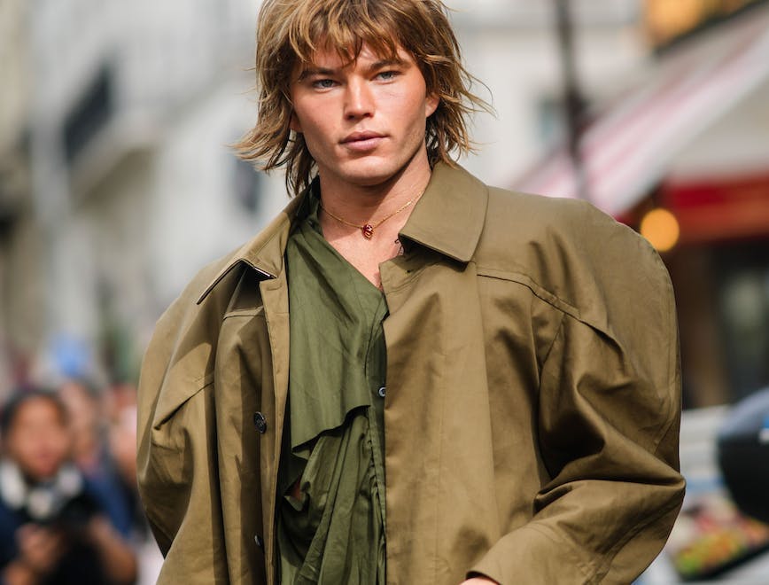 style paris elegant outfit ready-to-wear rtw fall outfit fashion blogger man shaved beard khaki outfit detail half body clothing apparel overcoat coat person human trench coat